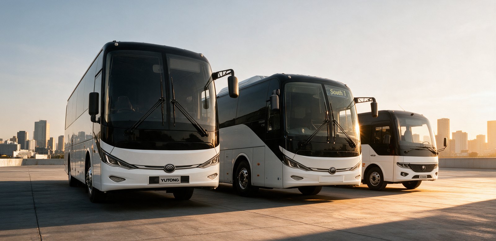 Three Yutong coaches parked at sunset with a city skyline behind
